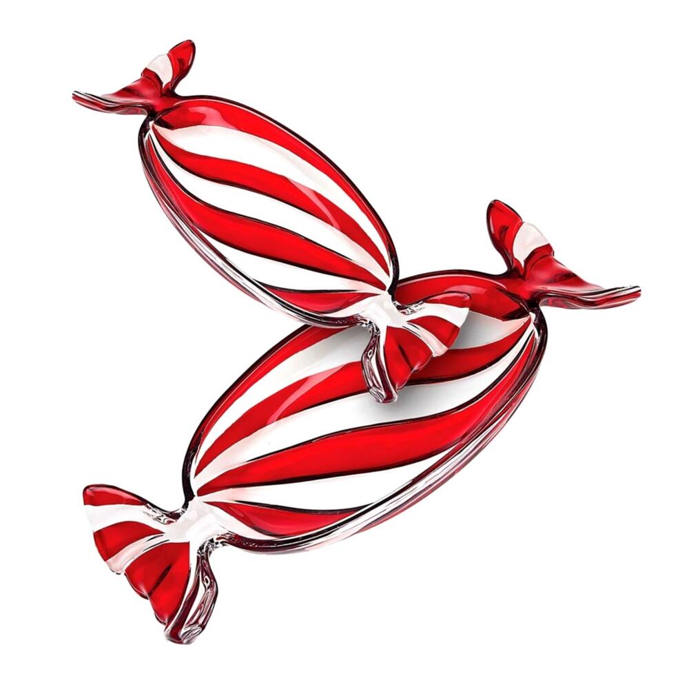 Godinger Crystal Peppermint Tray Candy Dish Set of 2 Holiday Red & White New
